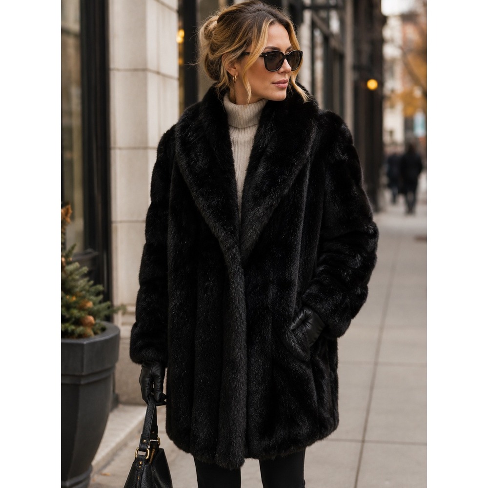 Monterey Mills Black Faux Fur Shawl Collar Coat  Womens Medium